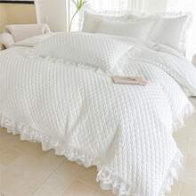 1 Set Of White French Lace Edged Quilted Duvet Cover With 2 Pillowcases, 3pcs Set - White - View 18