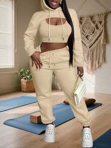 Womens 3 Piece Tracksuits Sexy Workout Sets Fall Long Sleeve Pullover Hoodie With Tank Top & Joggers Sweatsuit Outfits Gym Yoga Casual Wear - 杏色 - 查看 5