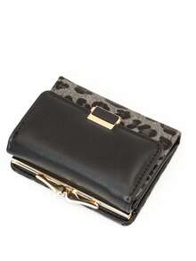 Leopard Print Snap Closure Short Women's Wallet Tri-Fold Multi-Function Purse; Solid Color Snap Closure Short Women's Wallet Tri-Fold Multi-Function Purse For Women Wallet Mini Wallet Purse Wallet Fall Small Wallet Cute Wallet - Black - View 6