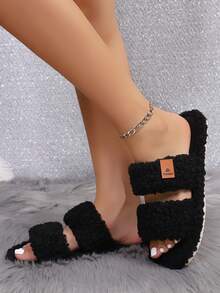 Soft, Comfortable Plush Open Toe Slippers, Minimalist Fashion Casual Style, Suitable For Living Room And Bedroom, All Season, Spring/Summer - Black - View 3