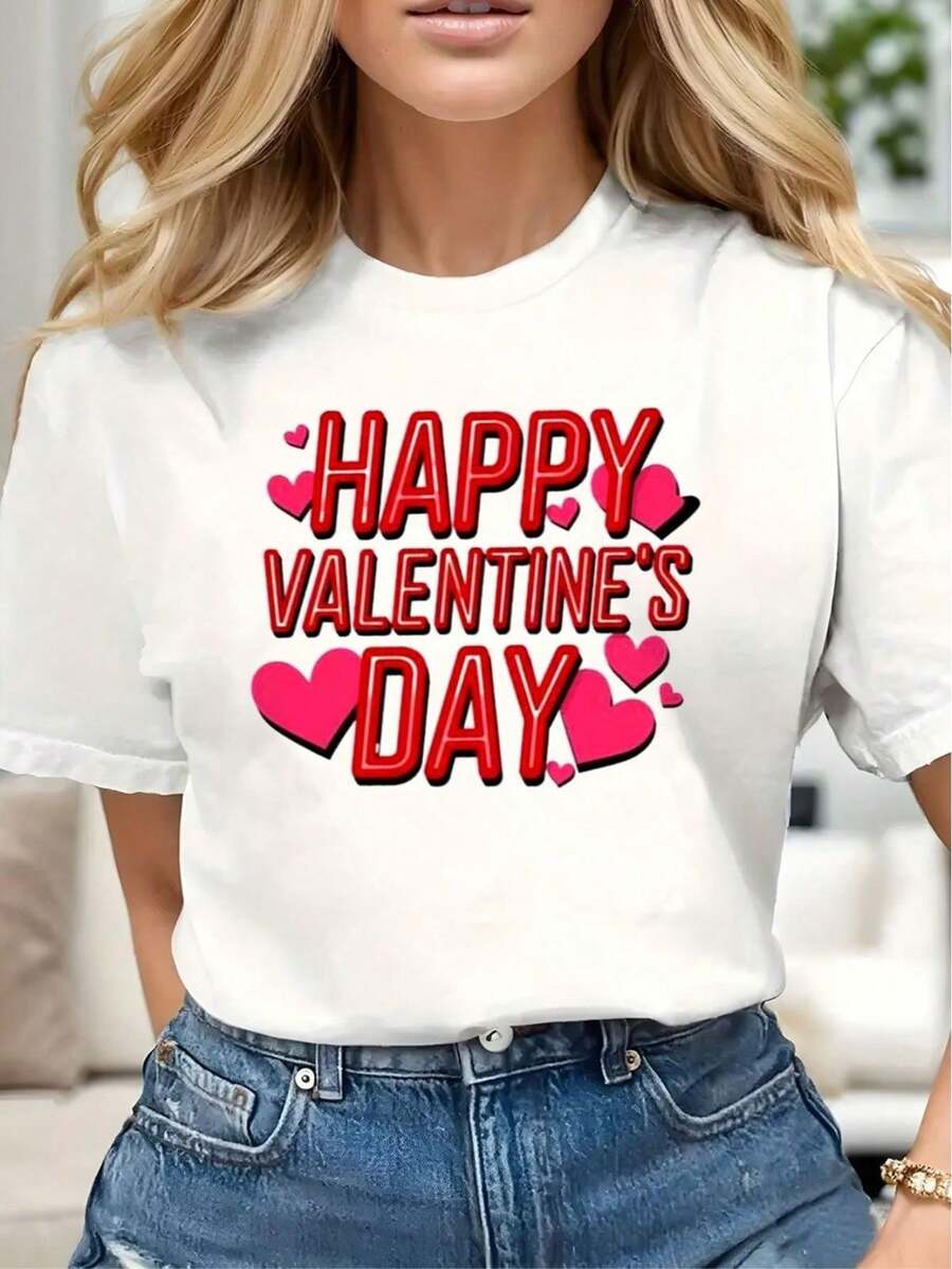 Happy Valentine's Day Graphic Tees Cotton Soft Stylish Casual Short Sleeve Crew Neck Top