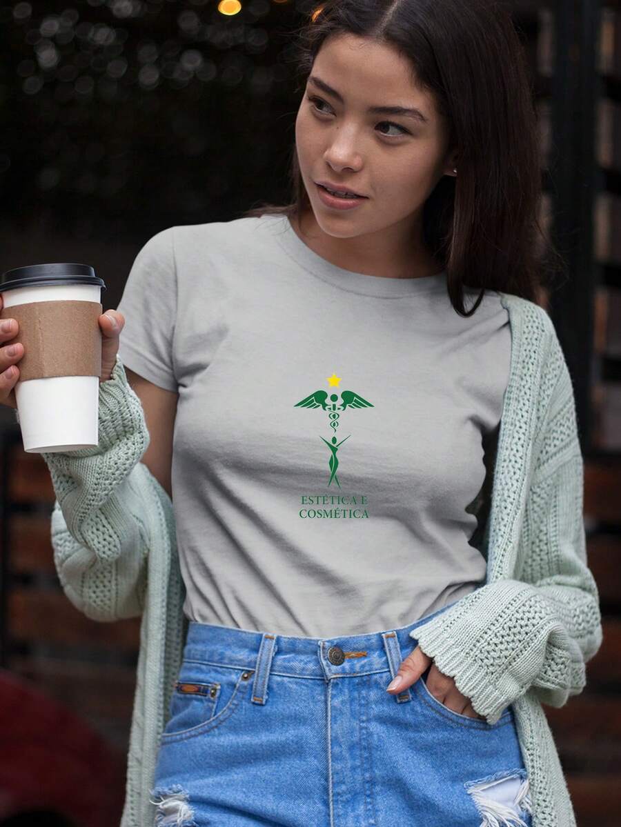 Camiseta Feminina Babylook T shirt símbolo estética e cosmética verde 100% Algodão Várias Cores - Cinza - Visão 1