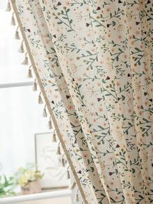 1pc Rustic Floral Curtain, Rectangular With Tassels Decor, Semi-Sheer Pole Top Curtain, Suitable For Bedroom, Living Room, Kitchen, Balcony, Patio, Study, Dining Room, Room Divider, Indoor Home Decor, All Season