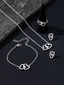 1对心形耳钉，1条手链，1条项链，1个戒指，5件/套 - 銀色 - 查看 3