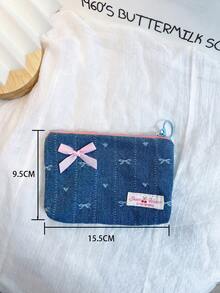 1 Piece Cute Square Coin Purse With Denim Bow Pattern Mini Lipstick Organizer Bag With Detachable Bow Pendant Portable Cosmetics Bag Soft Fabric Sanitary Napkin Organizer Bag Fashionable Clutch Pouch Wallet Small Items Storage Bag For Key, Earphone, Coin, Lipstick, Lip Oil, Card, Girls'Accessories College Vacation Cruise Summer Holiday Essentials Organizer Bag With Zipper Women's Makeup Storage Bag