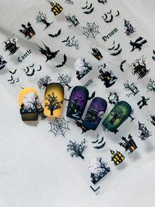 A Halloween Day Of The Dead Nail Sticker With Relief Hand Drawn Design, Dark Gothic Style, Featuring Dark Style Patterns Such As Bats, Spider Webs, Castles, Etc., Suitable For Personal DIY And Nail Salon Use