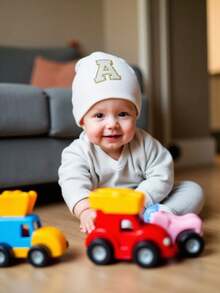 1顶婴儿字母印花针织帽，新生儿医院帽，适合男宝宝和女宝宝日常保暖和出院时佩戴 - 白色 - 查看 2