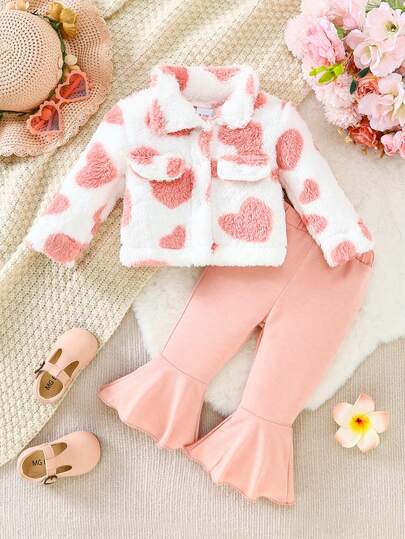 Conjunto de 2 piezas de chaqueta de forro polar rosa esponjoso y pantalones acampanados cómodos y de moda para bebés niñas, invierno