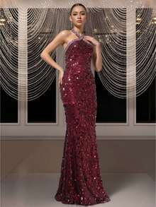 NIKBK Burgundy Halter-Neck Sequined Mermaid Gown, Fitted Long Dress With Rhinestone Trim, Shimmering Texture For Evening Parties. - Burgundy - View 4