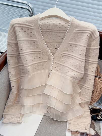 Plus Size Women's Knitted V-Neck Long-Sleeved Cardigan With Button Decoration And Ruffled Chiffon Hem, Simple And Fashionable Versatile Casual Style, Suitable For Daily Wear Cute Sweater