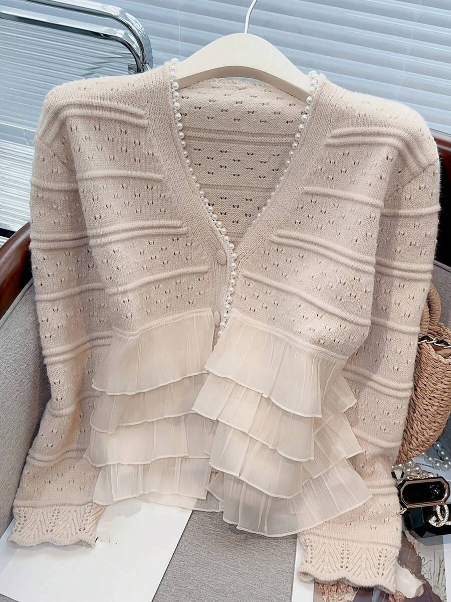 Plus Size Women's Knitted V-Neck Long-Sleeved Cardigan With Button Decoration And Ruffled Chiffon Hem, Simple And Fashionable Versatile Casual Style, Suitable For Daily Wear Cute Sweater