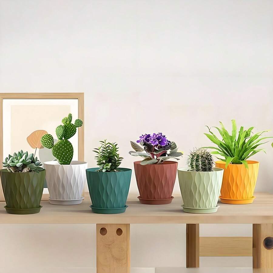 6 个 4 英寸 3D 波浪设计塑料花盆，带托盘和排水孔，适用于室内外植物、花卉、草本植物、多肉植物和幼苗，形状独特，色彩鲜艳，实用性强，装饰性强