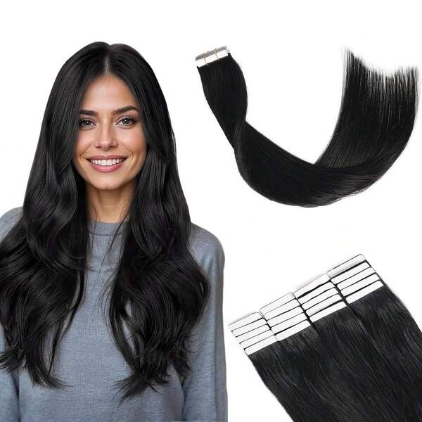 Black Tape In Hair Extensions Human Hair Natural Black Hair Extensions Tape In Real Human Hair Invisible Glue In Extensions Double Weft Remy Hair #1B 20pcs 50g