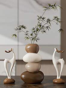 1pc Stacked Stone Sculpture, 1 Pair Deer Shaped Vase Resin Sculpture Set, Geometric Stone Flower Vase, Fashionable And Elegant Design, Desktop Decor, Suitable As Home And Office Gift, Birthday, Graduation, Christmas Gift