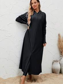 VFJ 女士黑色高弹力布基尼泳衣，圆领长袖，拉链腰带，全包臀设计，优雅款式，搭配高腰紧身裤 - 黑色 - 查看 8