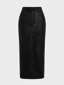 Fustă midi creion elegantă, stil business, din piele, stil vintage, cu talie înaltă, croială slim fit, pentru naveta zilnică - Negru - Vizualizare 3