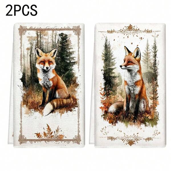1 set/2 pièces/100 pièces Serviettes de cuisine et lavettes avec motif renard en forêt, convient pour la décoration intérieure des restaurants, cuisines et salles de bains, la décoration de fête, les cadeaux de fête, en tant que cadeau