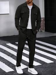 2 delar herrskjorta med dubbla fickor och slag, enfärgad, långärmad + långa byxor, tvådelat set, lätt, avslappnad sport- och semesteroutfit, vår/höst