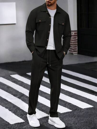 2 件男士休闲纯色双口袋翻领衬衫长袖 + 长裤两件套，轻便休闲运动度假装，春秋季