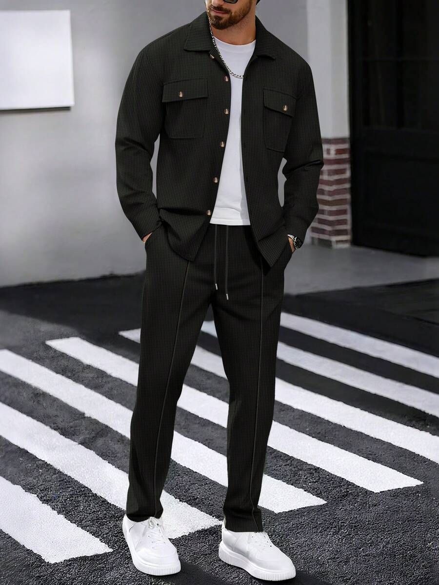 2 件男士休闲纯色双口袋翻领衬衫长袖 + 长裤两件套，轻便休闲运动度假装，春秋季 - 黑色 - 查看 1