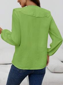 Blusa de manga larga con cuello en V y volantes elegante y casual para mujer, primavera/otoño - Verde - Ver 2