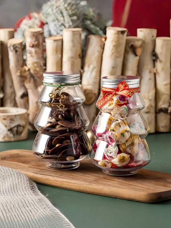 6pcs Christmas Tree Shaped Jars With Lids, PET Plastic Material, Candy Christmas Decorations, Holiday Theme Containers, Transparent Airtight Containers, Suitable For Christmas Tree Milk Tea, Juice, Coffee Drinks, Candy, Juice And Chocolate And Other Beverages Or Snacks, Perfect Christmas Gifts And Decorations, Christmas Party Decoration Bottles, Party Gift Packaging Supplies, Holiday Gifts And Decorations