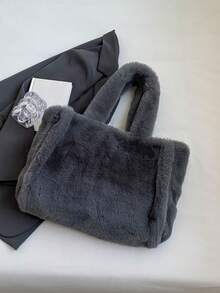 新款秋季米色大容量毛绒托特包，时尚简约设计女士单肩包，适合学生，日常通勤 - 灰色 - 查看 6