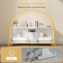 HaluPeit Cat Cabinet For 2 Cats, Litter Box Cabinet, Hidden Cat House With Double Rooms, With Storage Space, Plush Balls, Can Be Used As A TV Cabinet, 140 X 48 X 62 Cm, White And Gold - 白色 - 查看 5