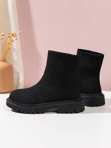 Children's Simple Round Toe Solid Color Series Knit Boots, 2025 Autumn/Winter New Fashionable Versatile Thick Sole Chunky Heel Black Mid-Calf Boots, Outdoor Comfortable Breathable Non-Slip Girls Ankle Boots - Black - View 3