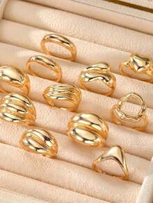 Juego de 17 piezas de anillos de mujer con diseño geométrico de líneas y bolas en estilo retro y punk exagerado, anillos apilables de moda - Amarillo Oro - Ver 5