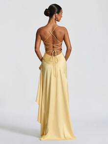 Vestido de tirantes con abertura y volantes en el bajo, de unicolor y sexy para mujer - Amarillo - Ver 5