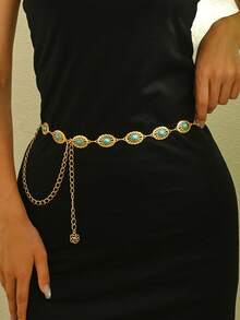 1pc Fashionable Sexy Niche Design Micro-Inlaid Turquoise Floral Geometric Ellipse Splice Waist Chain, Versatile Minimalist Vintage Hollow Ellipse Splice Waist Chain/Body Chain, Suitable For Women's Daily, Vacation, Party Wear