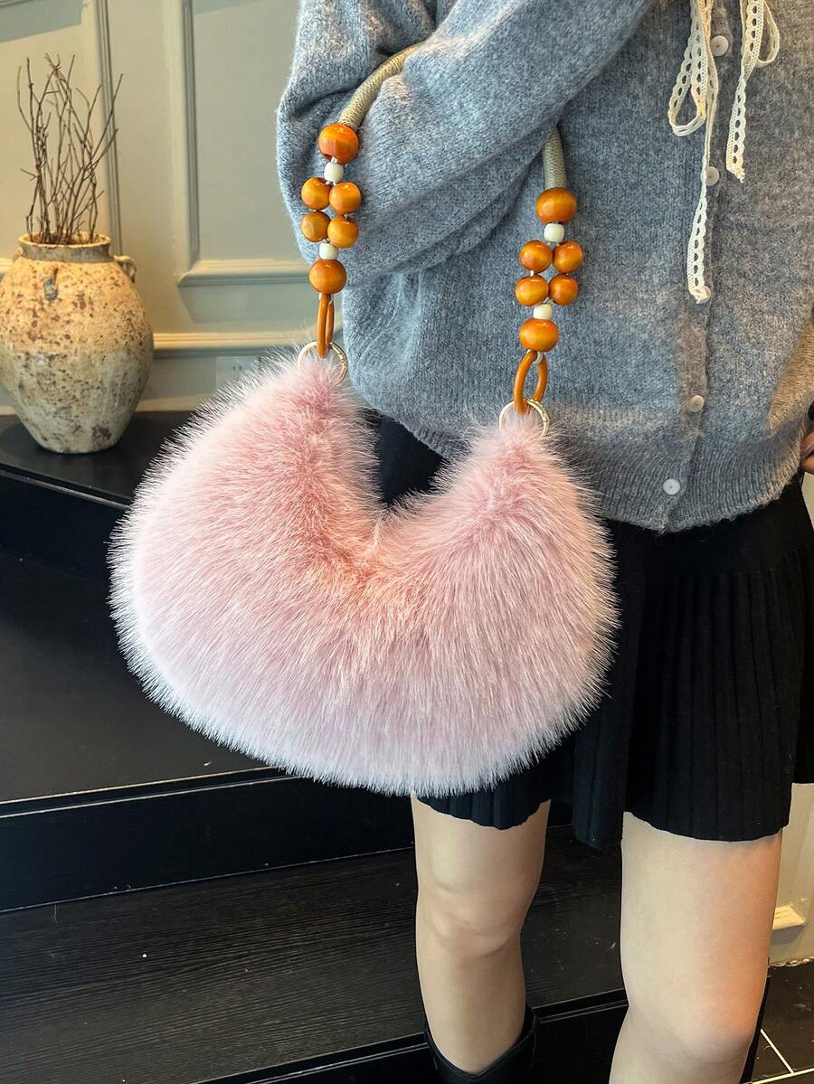 2025 Autumn/Winter Furry Handbag, Plush Small Bag, Shoulder Dumpling Bag, Wooden Bead Unique Creative Tote Bag, Shoulder Bag