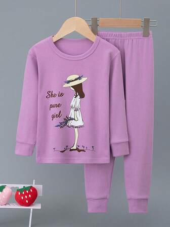 Girls' Warm Underwear Set, Purple Princess Print, Cotton Comfortable Sleepwear, Long Sleeve Top And Pants, Suitable For Spring And Autumn
