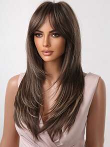 Ava WIGS 24英寸棕色渐变长直发层次感假发，带刘海，柔软易造型，耐热合成纤维，适合日常佩戴、工作、节日、假期、角色扮演，也是万圣节、圣诞节送给女性或女友的理想礼物。 - 挑染棕色 - 查看 5