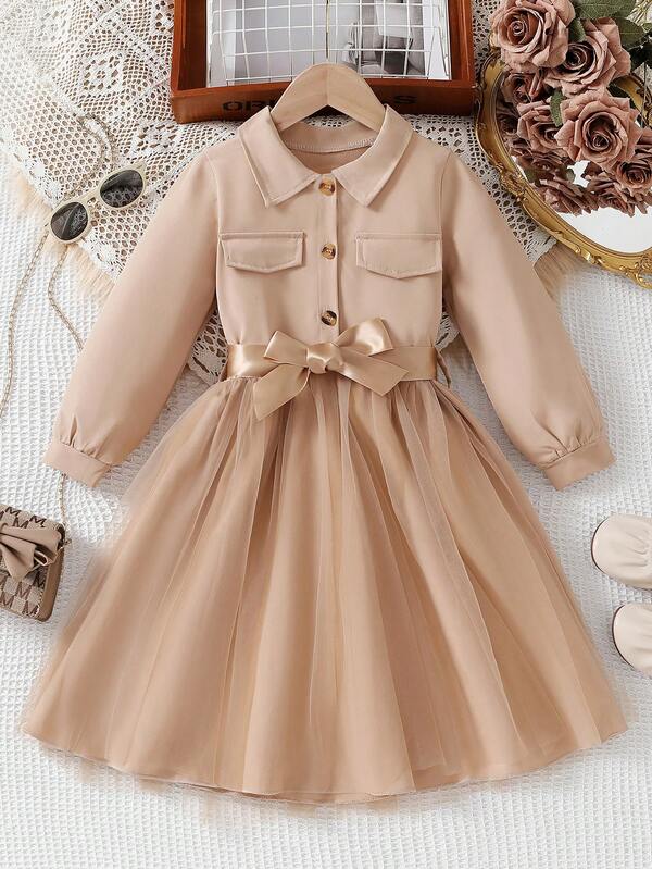 Girls Elegant Turndown Collar Long Sleeve Mesh Bow Dress + Belt,Suitable For Spring/Autumn