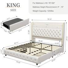 SIBEDS Queen Led Bed Frame With Galaxy Aurora Star Projector, Full Size Platform Bed With 2 Removable Storage Drawers, 52"   Crystal Button Tufted Upholstered Headboard King Bed With Charging Station, Noise Free, No Box Spring Needed, PU Leather & Velvet - PU Trắng - Xem 13