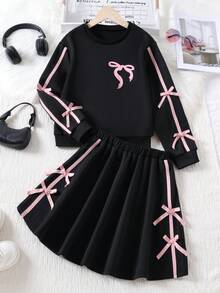 2pcs Girls Sweatshirt & Skirt Set, Fleece Crew Neck Pullover With Ribbon Bow + Skirt, Spring/Autumn