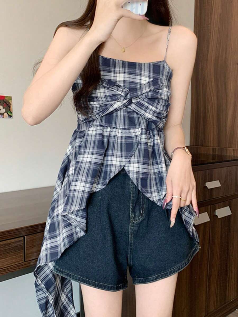 复古格纹吊带背心，多巴胺灵感设计，不对称露脐休闲上衣