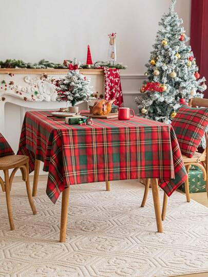 1pc Large Red & Gold Plaid Square Tablecloth, Farmhouse Style Dining Table Cover, Polyester Material, Suitable For Kitchen, Dining Room And Christmas Decor