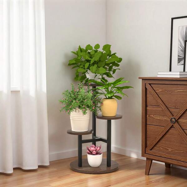 四层转角植物架，金属木质植物架，室内/室外展示架，花盆架，适用于客厅、阳台、花园、露台