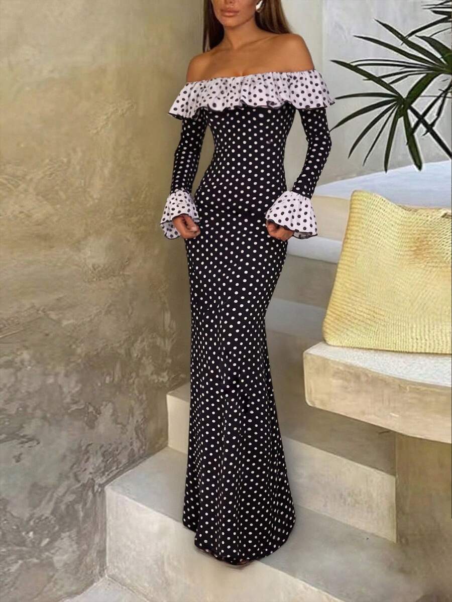 Women's Elegant Commuter Casual Versatile Long Sleeve Colorblock Polka Dot Off Shoulder Ruffle Hem Bodycon Maxi Dress, Suitable For Halloween, Christmas Eve, Christmas, Spring Festival, Outing, Gathering With Friends, Shopping, Entertainment, Work, Etc. Basic Jacket Fabric Is Comfortable, Stylish Design, High Cost-Performance, Suitable For Autumn/Winter Wear