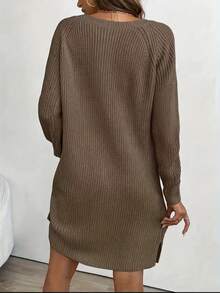 Plus Size Women's Solid Color Raglan Sleeve Button Half Placket Casual Knitted Dress, Women's Elegant V-Neck Dress, Valentine Outfits For Women - Brown - View 3