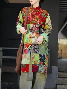 LUZU JUNU Women's Trench Coat Floral Print Long Cotton Linen Jacke Cottagecore Clothing Patchwork Outwear Bohemian Unique - 綠夾克 - 查看 3