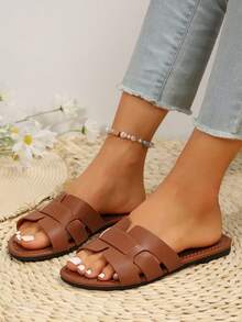 Sandalias planas cómodas y elegantes para mujer para ropa casual de verano, sandalias planas marrones - Marrón - Ver 3