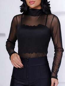 Women's Transparent Style Bodysuit Sensual Look In Plain Tulle High Neck Perfect Look For A Night Out Party - Black - View 3