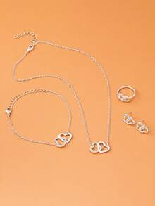 1对心形耳钉，1条手链，1条项链，1个戒指，5件/套 - 銀色 - 查看 1