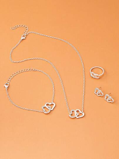 1 Pair Heart Stud Earrings, 1 Bracelet, 1 Necklace, 1 Ring, 5pcs/Set