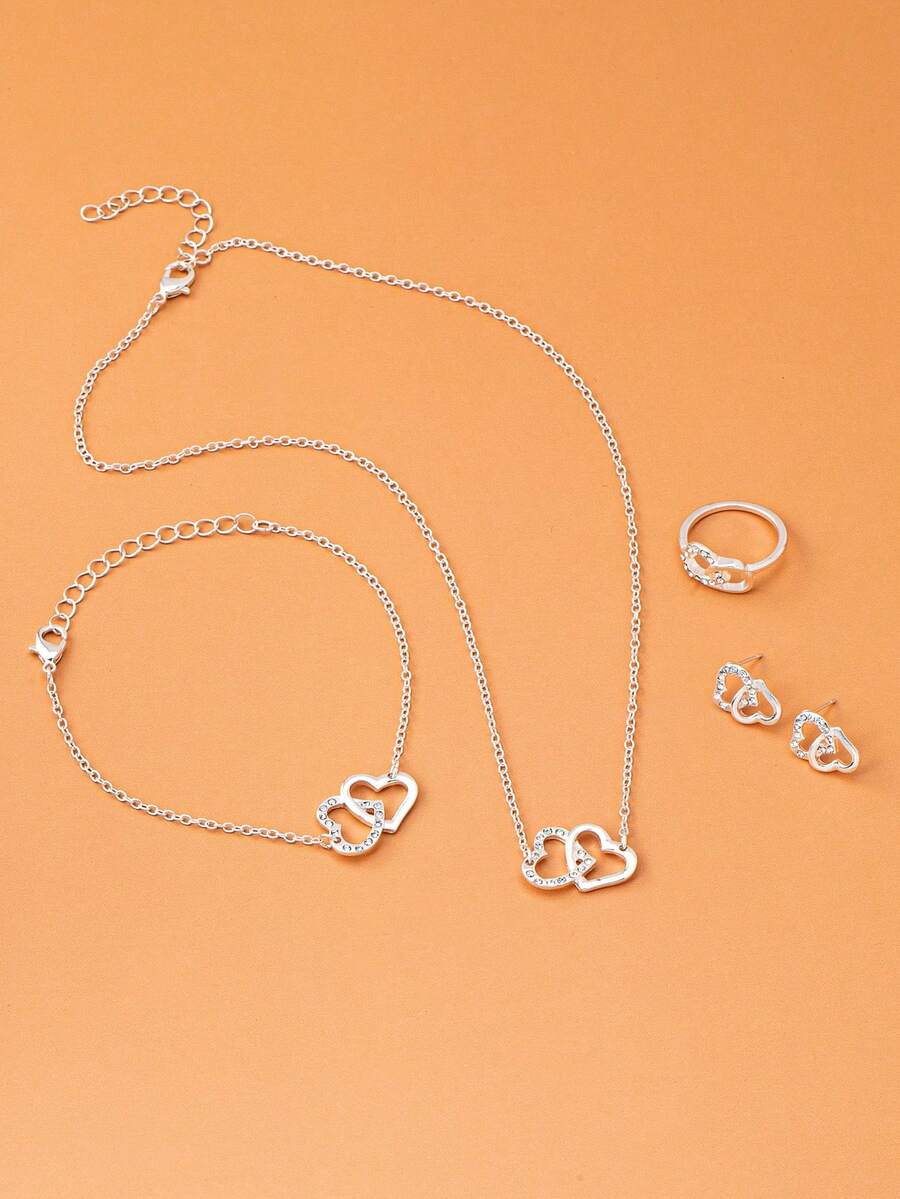 1对心形耳钉，1条手链，1条项链，1个戒指，5件/套 - 銀色 - 查看 1