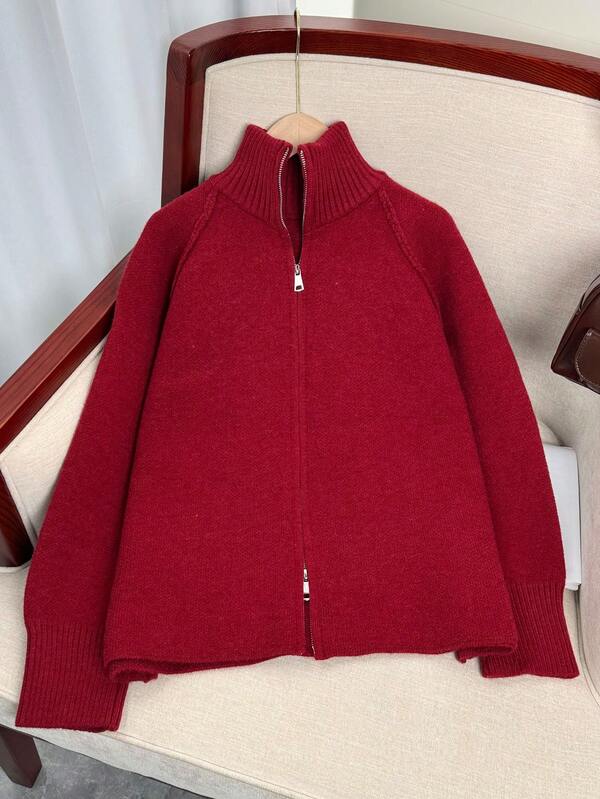  Wixra koreanische locker gestrickte Strickjacke, Stehkragen Raglanärmel, Zweiwege-Reißverschluss-Design, Einfarbig, Collegestyle, unverzichtbar für Layering im Herbst/Winter